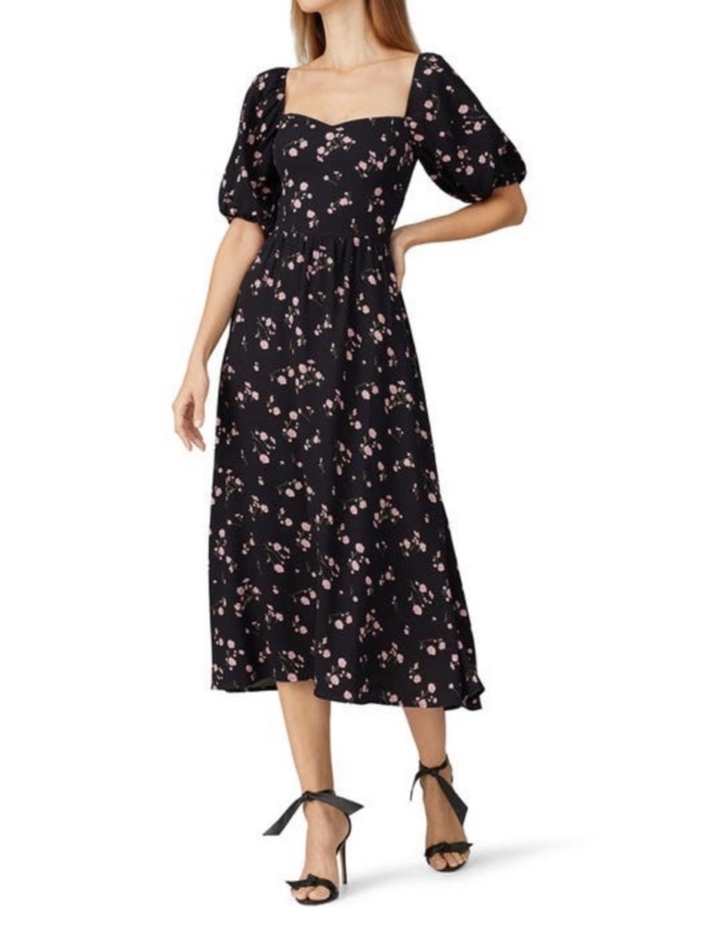 Reformation Zippy Midi Dress Black Floral Puff Sleeve NWT Size 6‎